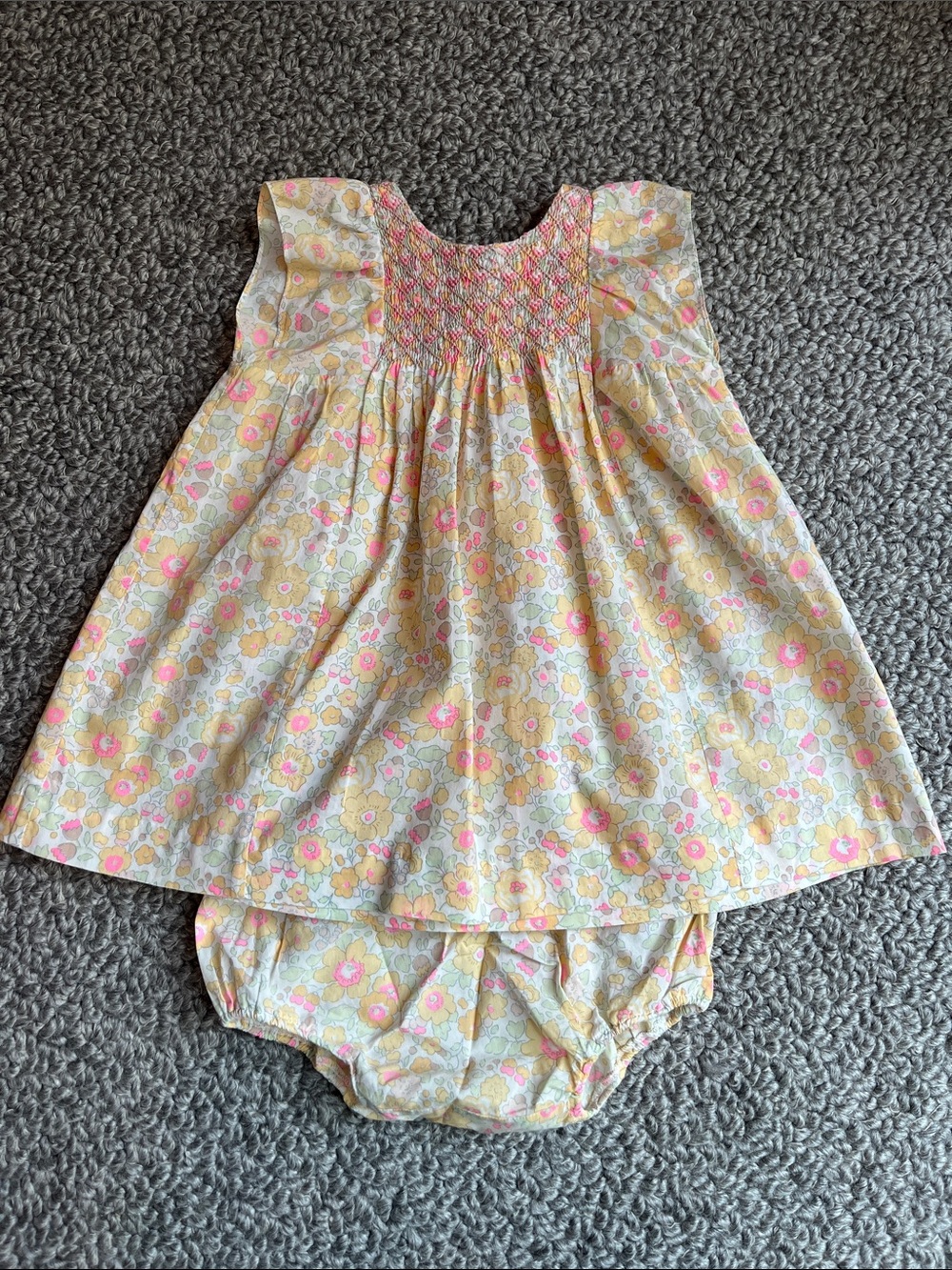 Bonpoint Yellow and Pink Floral Smocked Dress with Bloomers